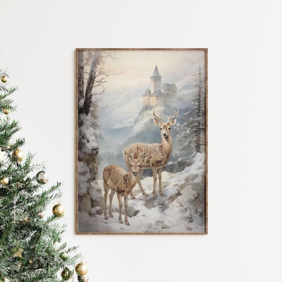 Vintage Deer Winter Forest Wall Art Winter Landscape Print Winter Winter Prints Winter Wall Decor Vintage Winter Home Decor #112, Unframed Canvas Size 12x18