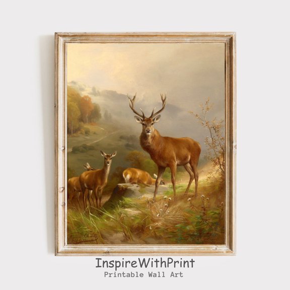 Vintage Deers Poster Deers in the Forest , Printable Farmhouse Wall Art, Fall Wall Decor, Autumn Art Poster Cabin Wall Decor, Size 8x12 UNFFRAMED F03.1.6l617