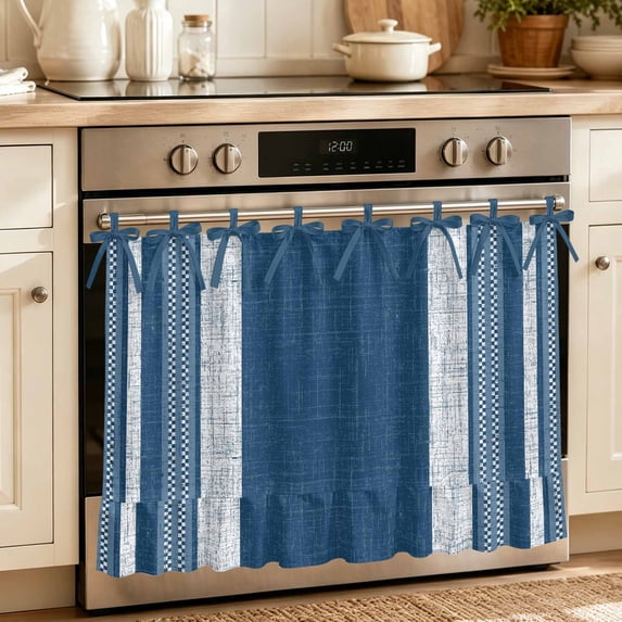 Vintage Demin Blue Striped Oven Skirt for Farmhouse Kitchen Décor, Farmhouse Modern Stripes Boho Oven Curtain Tie Top Decorative Stove Skirt, Cabinet Dish Washer Curtains with 8 Ribbon Ties 32"x24"