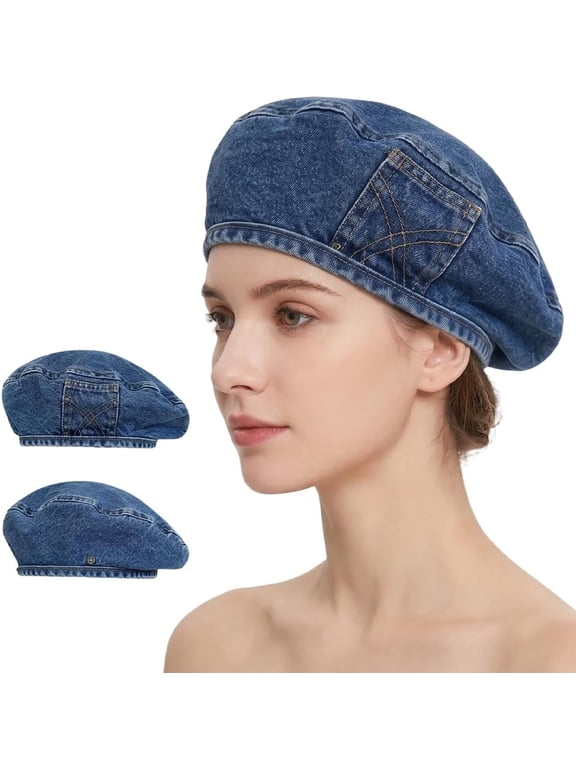 Vintage Denim Beret, Double-Sided Hip-Hop Newsboy Cap, Artist Retro Hat for Women All Seasons (Denim Blue)