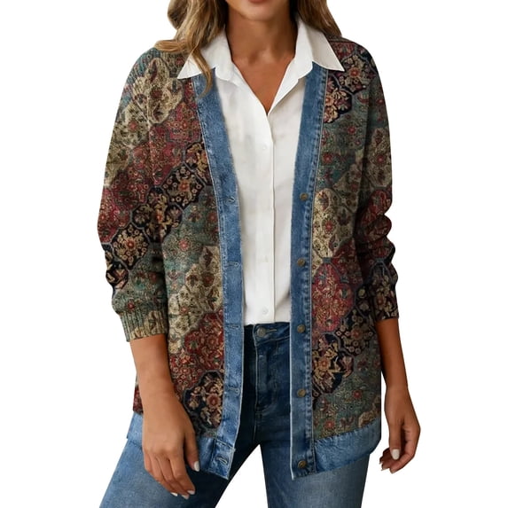 Vintage Denim Cardigans for Women Button Down Open Front Jackets Ladies Ethnic Print Colourful Long Sleeve Lightweight Cardigan Trendy Casual Loose Outfits Holiday Oversized Jacket