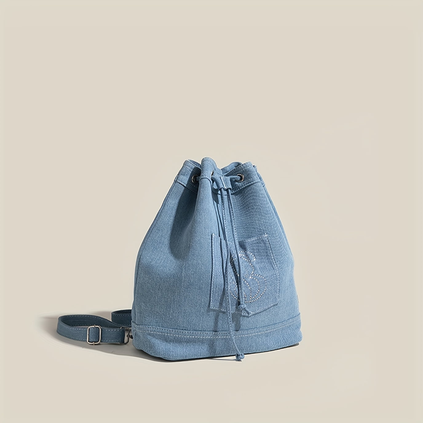 Vintage Denim Drawstring Bucket Backpack, Retro Travel Tote Daypack