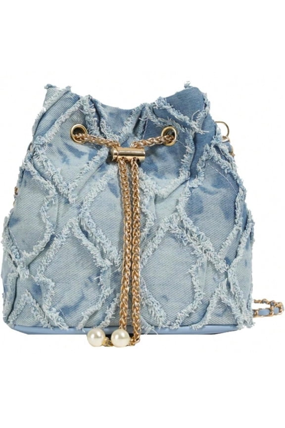 Vintage Denim Drawstring Crossbody Bucket Bag with Chain Ball Shoulder Bag Purse for Women