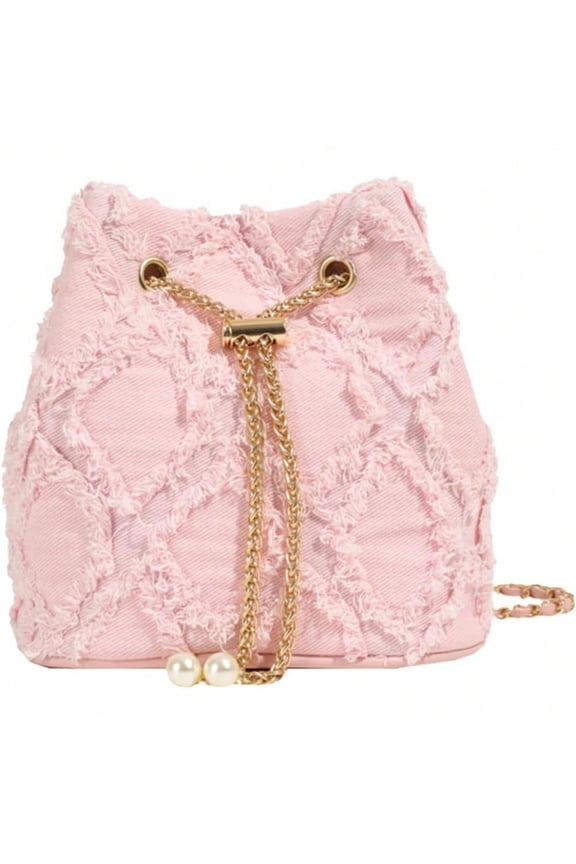 Vintage Denim Drawstring Crossbody Bucket Bag with Chain Ball Shoulder Bag Purse for Women