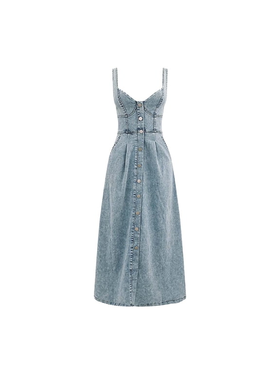 Vintage Denim Maxi Dress Spaghetti Straps, Button Front, Casual Spring/Summer Look, Comfortable, 30 Day Wear Test, Available in Multiple Sizes