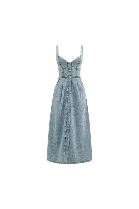 Vintage Denim Maxi Dress Spaghetti Straps, Button Front, Casual Spring/Summer Look, Comfortable, 30 Day Wear Test, Available in Multiple Sizes