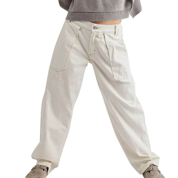 Vintage Denim Pants for Women High Waist Straight Leg Distressed Jeans Pockets Juniors Girls Streetwear No Belt White,XL