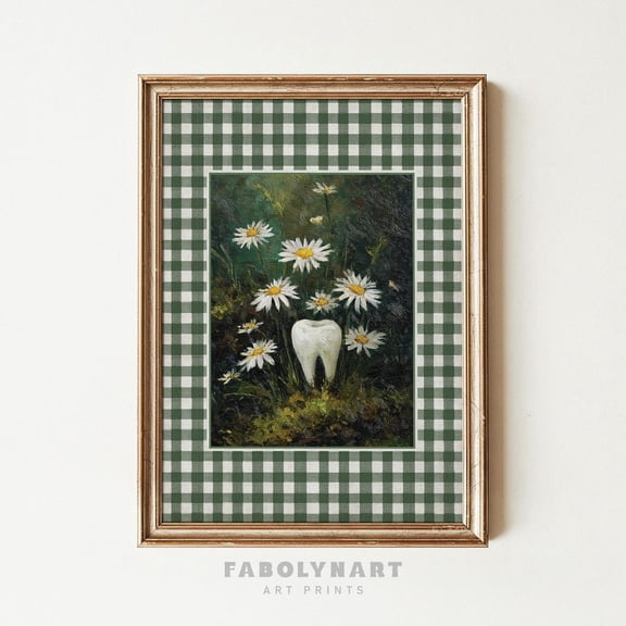 Vintage Dental Floral Tooth Painting Green Gingham Moody Dentist Poster Unframed Paper Print