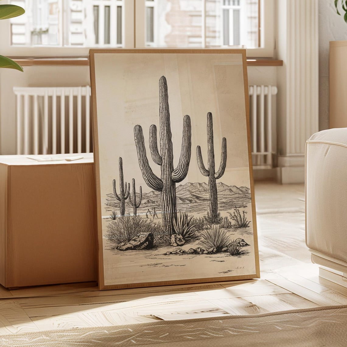 Vintage Desert Cactus Art Print – Black And White Southwestern Saguaro ...