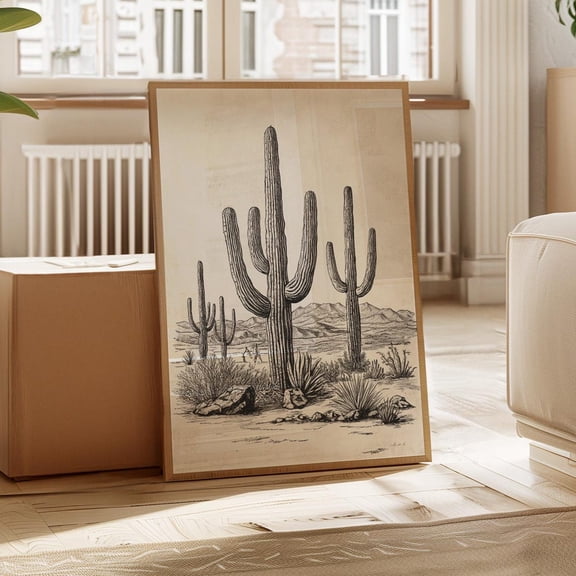 Vintage Desert Cactus Art Print – Black And White Southwestern Saguaro Landscape Drawing, Rustic Western Wall Decor Wall Art, Modern Wall Decor, 24x36 UNFRAMED