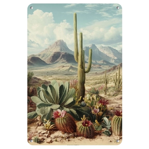 Vintage Desert Cactus Landscape Tin Sign - Waterproof, Pre-Drilled Metal Wall Art for Home, Bar, and Outdoor Decor, 8x12 Inches, Perfect for Room Decor