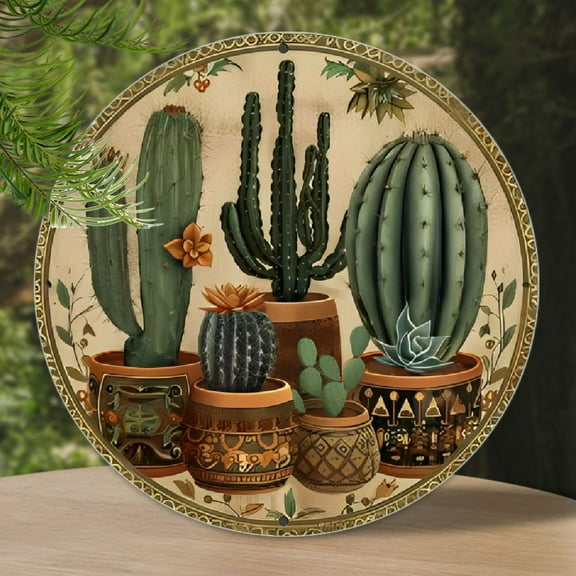 Vintage Desert Cactus Sunset Theme Round Aluminum Sign, Retro Home Kitchen Garden Club Garage Office Wall Decor, Ideal Holiday Gift, 8x8 Inch