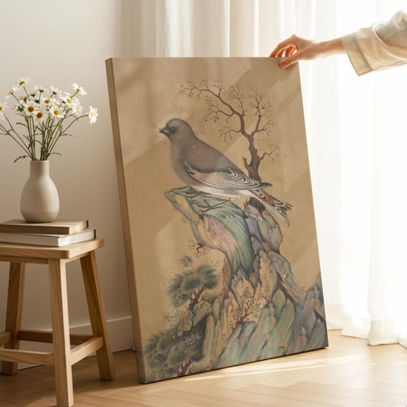 Vintage Desert Finch Poster: Islamic Botanical Folk Art, Neutral Nursery Decor, Unframed Poster Size 12x18