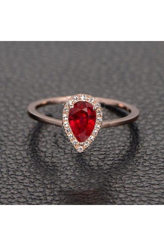 Vintage Design 1.25 Carat Red Ruby 8x5mm Pear Cut And Moissanite Diamond Engagement Ring in 10k Rose Gold for Women on Sale