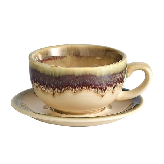 Vintage Design 12 oz Ceramic Latte Art Cappuccino Barista Cup with Saucer (Beige)