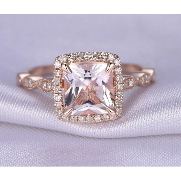 Vintage Design 2 Carat 6mm Princess Cut Morganite Engagement Ring with Diamond Moissanites in 10k Rose Gold for Women