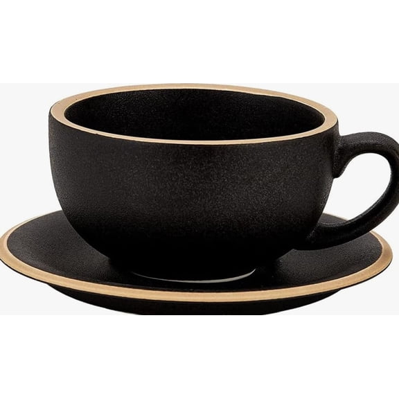Vintage Design Ceramic Latte Art Cappuccino Barista Cup with Saucer Rough Black 12 Oz, Rough Black
