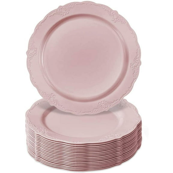 Vintage Design Disposable Salad Plates For Party (10 Pc) Heavy Duty Disposable Dinner Set 9” , Fine Dining Plastic Dishes For Elegant China Look, Great for Upscale Wedding, Dining & Serving - Blush