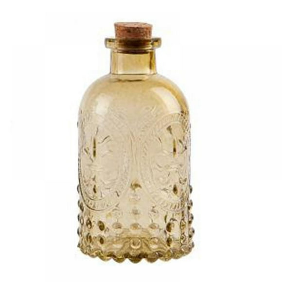 Vintage Design Embossed Brown Glass Bottles, Apothecary Flower Bud Vase with Cork Lid