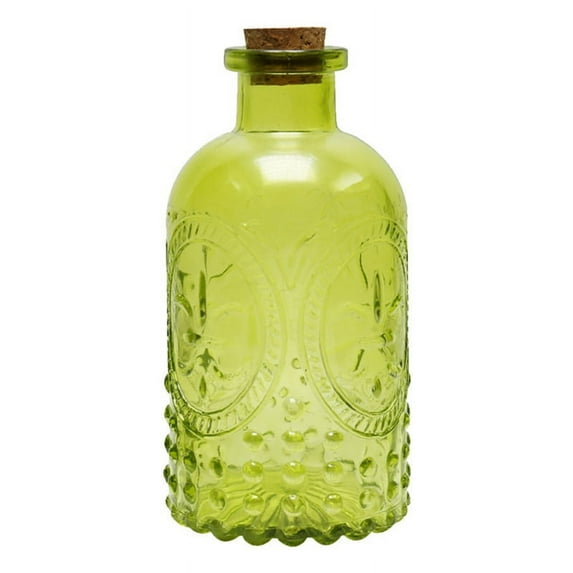 Vintage Design Embossed Fleur De Lis Clear Glass Bottles with Cork Lid, Apothecary Flower Bud Vases,Green