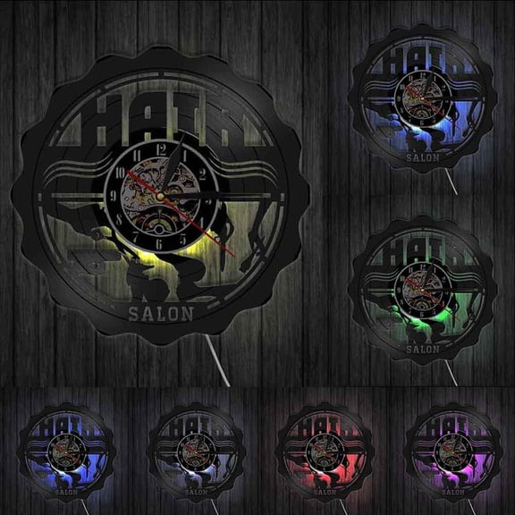 Vintage Design Hair Stylist Hair Salon Vinyl Record Wall Clock Barber Shop Hairdresser Wall Art Decor Quiet Clock Watch With LED
