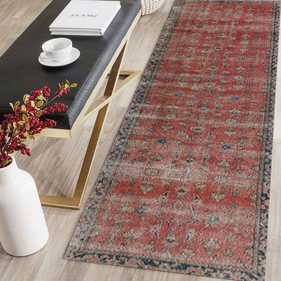 Vintage Design Rugs, Floral Pattern Rug, Red Rug, Luxury Rugs, Turkish Rug, Home Decor Rug, Large Rug, Salon Decor Rug, Living Room Rug, 2.6'x9.2' - 80x280 cm