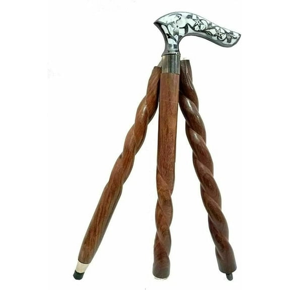 "Vintage Designer Wooden Walking Stick Cane with Antique Brass Handle – 35 Inch Classic White Cane"