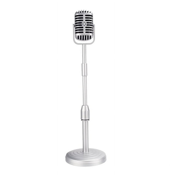 Vintage Desktop Microphone Prop Model with Adjustable Height, Classic Retro Style Microphone Stand Fake Mic Prop,Silver