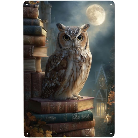 Vintage Detailed Owl On Tilted Book Stack Metal Tin Sign, Forest Night View Decorative Plaque 8x12