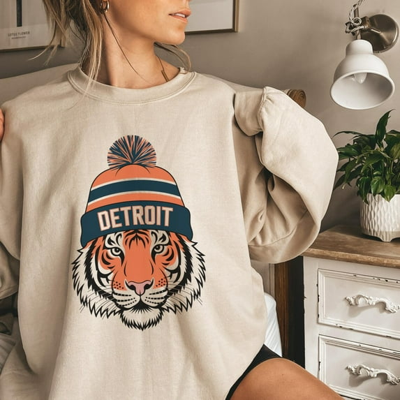 Vintage Detroit Baseball Crewneck Sweatshirt, Tiger Sweatshirt, Retro Detroit Baseball Sweatshirt,Sand Color,Size 3XL