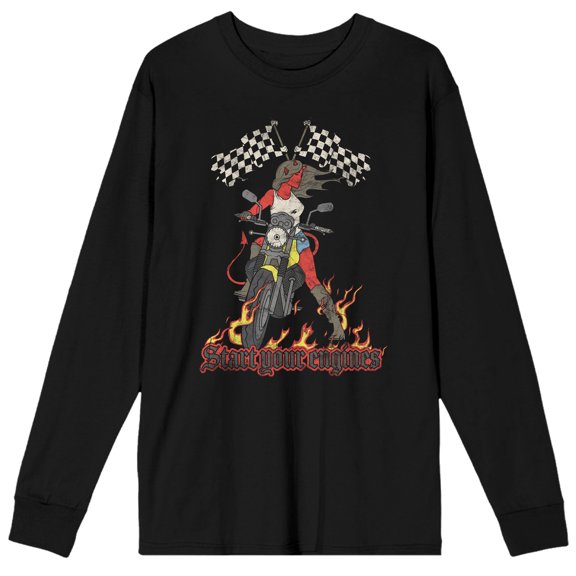 Vintage Devil Flame Motorcycle Women's Black Long Sleeve Crew Neck Tee-Large
