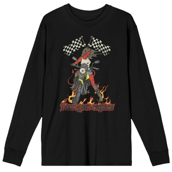 Vintage Devil Flame Motorcycle Women's Black Long Sleeve Crew Neck Tee-XL