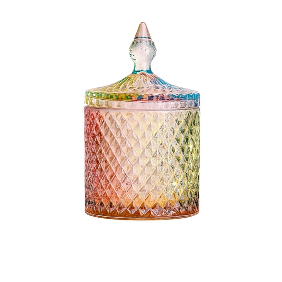 Vintage Diamond Cut Glass Canister with Lid - Decorative Candle Holder, Crystal Candy Jars for Home Decor, Bathroom Vanity Jars(Iridescent Glass)