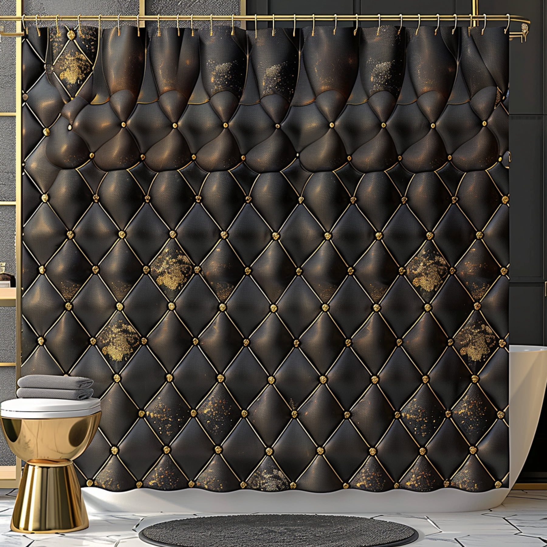Vintage Diamond Quilted Shower Curtain Black & Brown with Gold Glitter