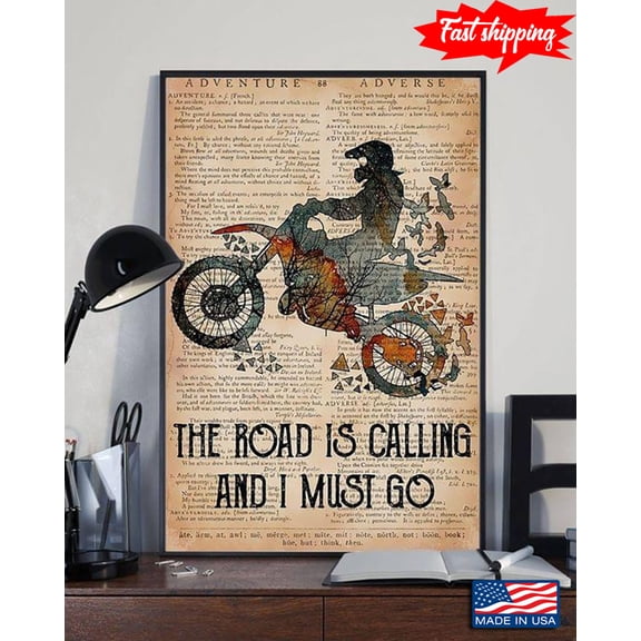 Vintage Dictionary Theme Motocross Racer The Road Is Calling And I Must Go 11 x 17 Inch Poster