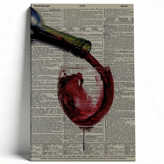 Vintage Dictionary Wine Pour Framed Canvas Wall Art - Upcycled Book Page Red Wine Glass Artwork, Retro Bar Decor, Unique Kitchen Wall Print For Wine Lovers 24*36inch(60*90cm)