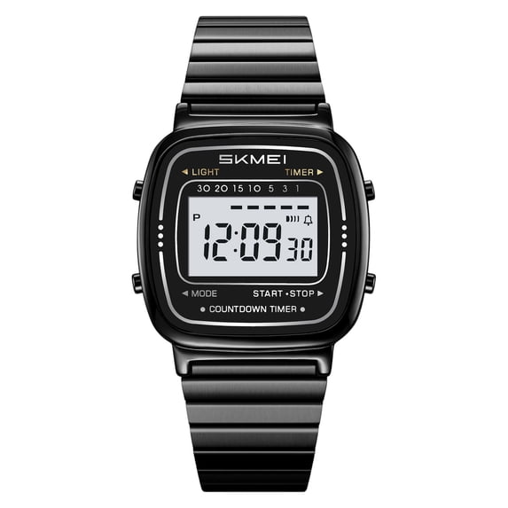 Vintage Digital Watch for Men Women, Stainless Steel Bracelet with Alarm Date Week Display, 30M Water Resistant Retro Wristwatch, Classic Black Dial with Backlight for Daily Casual Wear