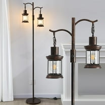 Vintage Dimmable Floor Lamp,2 Classical Lanterns Standing Lamp, Rustic Farmhouse Floor Lamp with Copper Black Finish, for Living Room (Red Copper)