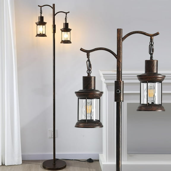 Vintage Dimmable Floor Lamp,2 Classical Lanterns Standing Lamp, Rustic Farmhouse Floor Lamp with Copper Black Finish, for Living Room (Red Copper)