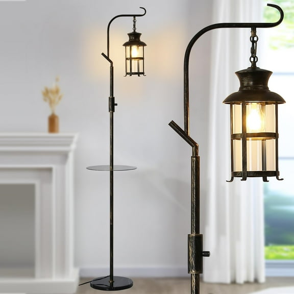Vintage Dimmable Floor Lamp with matel Table,Classical Lanterns Standing Lamp, Rustic Farmhouse Floor Lamp with Black and Finish, for Living Room Bedroom