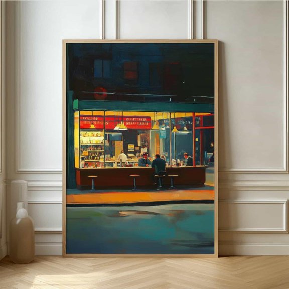 Vintage Diner Art Nighttime Cityscape In Retro Style Wall Decor