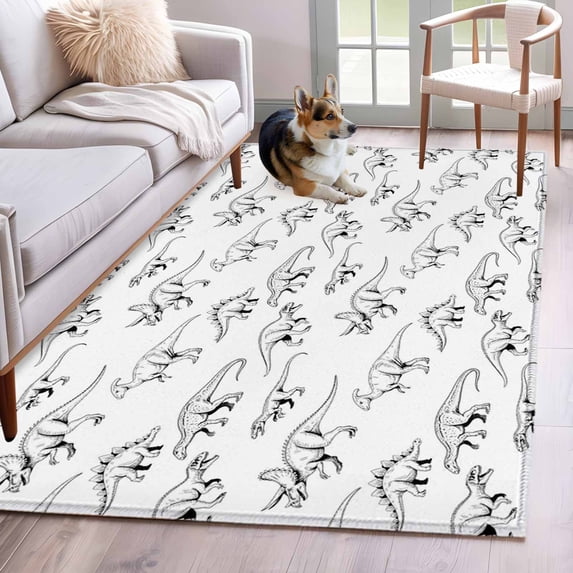 Vintage Dinosaur Area Rug 4'x6', Primitive Animals Wildlife Hand-painting Washable Non-Slip Rugs, Low Pile Large Carpet for Living Room Bedroom Dining Room Kitchen Office Indoor Mat