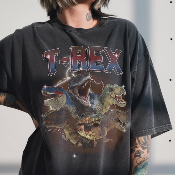 Vintage Dinosaur Graphic Shirt, Retro Lightning Dino Collage Tee, 90s Style Prehistoric Art Design Comfort Colors Unisex Cotton T-Shirt, Size S-3XL