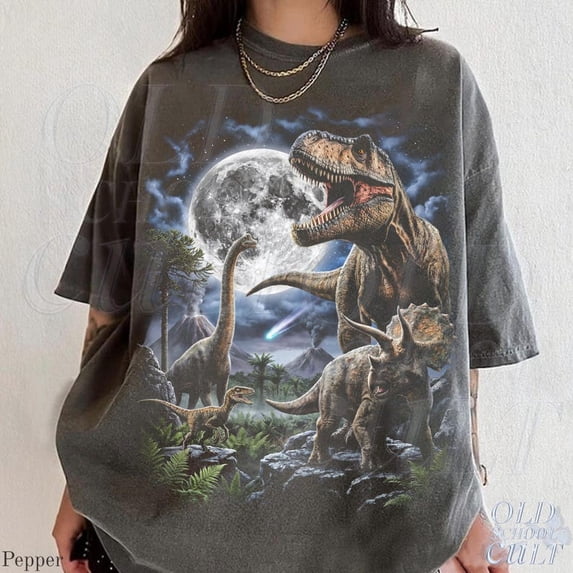 Vintage Dinosaur Moonlight Graphic T-Shirt – Retro T-Rex Jurassic Prehistoric Scene Tee – Unisex Dino Shirt