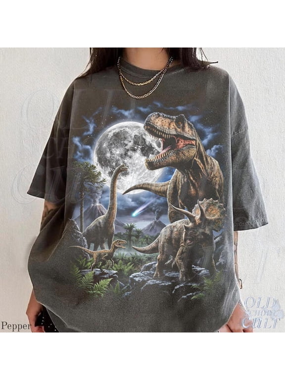 Vintage Dinosaur Moonlight Graphic T-Shirt – Retro T-Rex Jurassic Prehistoric Scene Tee – Unisex Dino Shirt