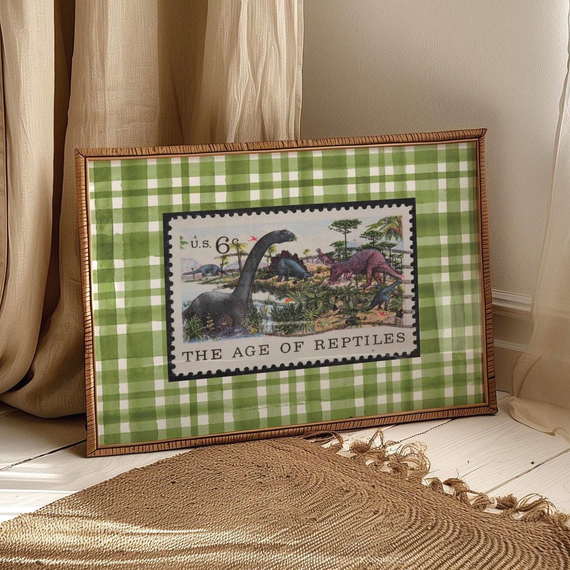Vintage Dinosaur Print For Baby Boy Room Plaid Green Dinosaur Wall Decor Dinosaur Print Cottage Core Nursery Home Decor #474, Stretched Canvas Size 8x12