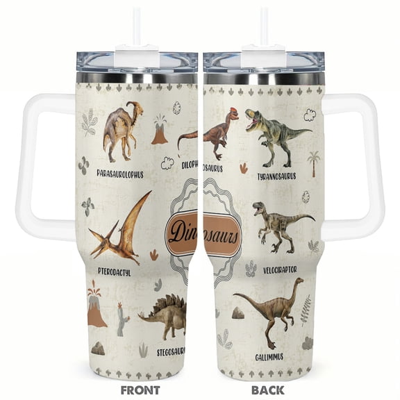 Vintage Dinosaur Species 40oz Insulated Tumbler Prehistoric Dinosaurs Travel Cup with Handle Straw Leak Resistant Cup Gift for Kids Boys