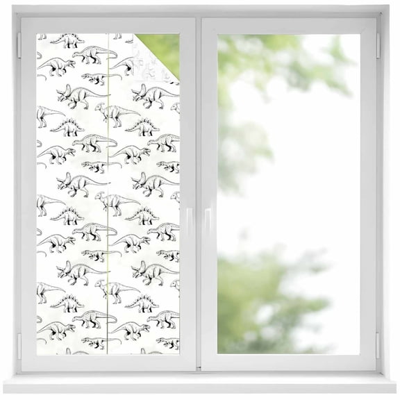 Vintage Dinosaur Window Privacy Film, Primitive Animals Wildlife Hand-painting Static Cling UV Sun Blocking Heat Control Window Tint Day and Night, Non-Adhesive One Way Privacy Cover 17.7''x39.3''