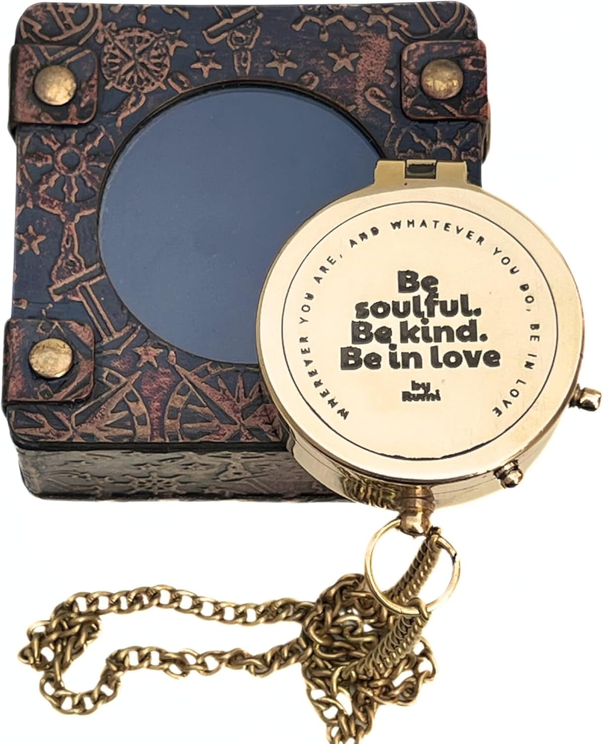 Vintage Directional Shiny Brass Magnetic Flat Compass with Leather Case Motivational Quote Engraved Pocket Compass for Hiking Rustic Vintage Home Decor Gifts