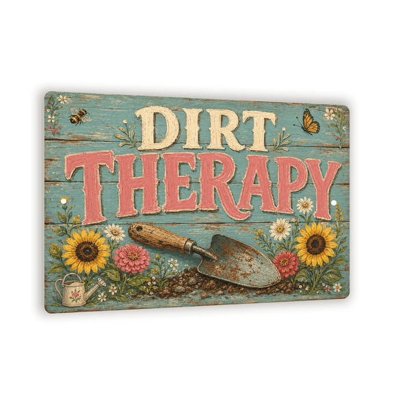Vintage "Dirt Is My Therapy" Metal Sign - Robin's Egg Blue Garden Wall Decor - 8"x 12" Garden Wall Art For Gardeners And Garden Enthusiasts